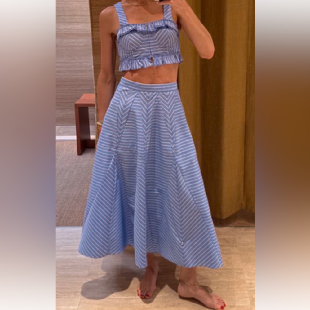 NWT Sandro Blue Striped Ruffle Corset Top & Midi Skirt Set - Picture 2 of 7